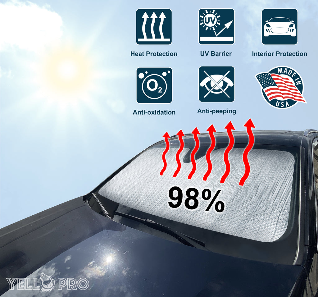 dashboard sunshade for Silverado truck reducing interior heat temperature infographic